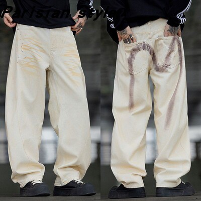 巴黎风美式复古泼墨涂鸦牛仔裤