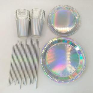 饰纸盘纸杯桌布场景布置餐盘D1 镭射炫彩银色一次性餐具生日派对装