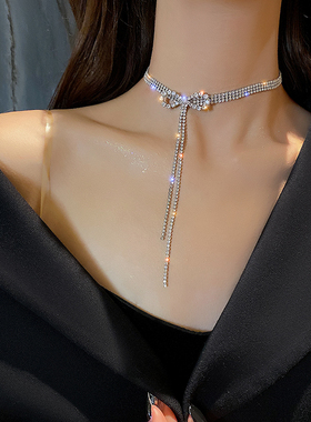项链潮流蝴蝶结锁骨链小众钻流苏脖子颈链