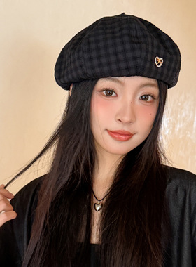 [屋顶的猫]韩版春秋帽子女小香风镶钻桃心黑色贝雷帽大头围显脸小