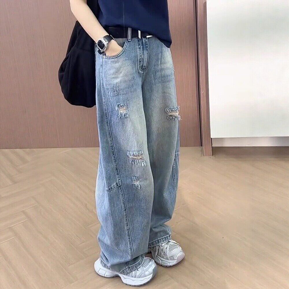 佑步仕破洞阔腿弯刀牛仔裤女夏季薄款宽松显瘦百搭休闲直筒长裤子