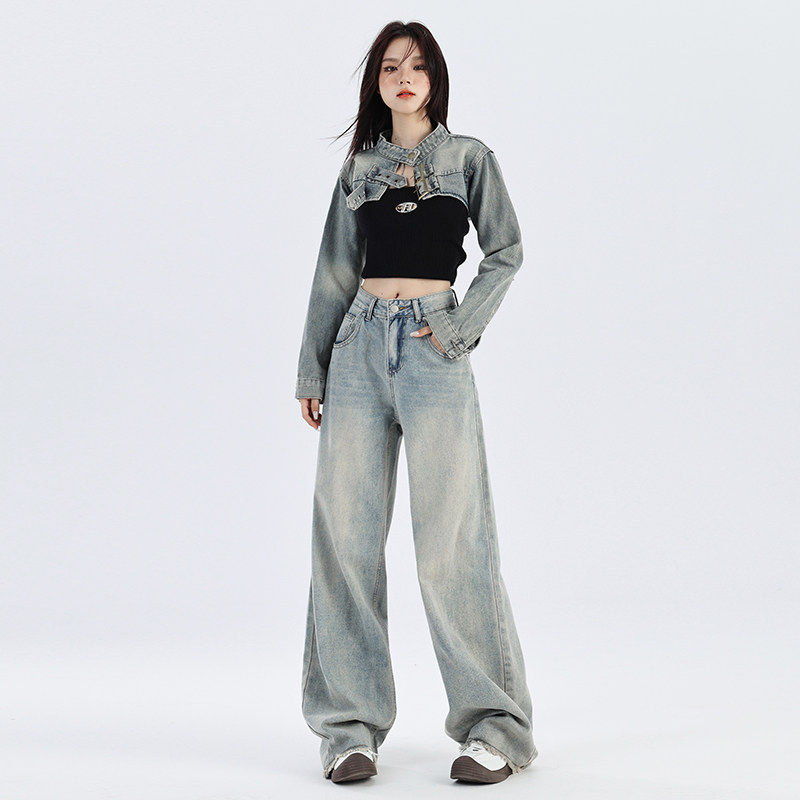 美式复古阔腿牛仔裤女春秋冬新款