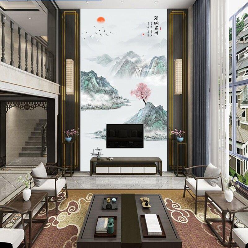挑空客厅背景集成板影视墙画别墅挑高复式楼电视背景墙板竹木纤维
