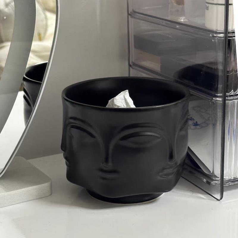 外贸黑白缪斯桌面垃圾桶客厅茶几陶瓷家用餐桌桌上创意收纳桶台面