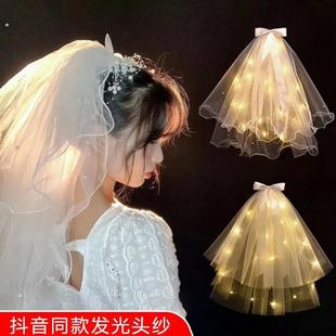 发光头纱网红带灯头纱超仙蝴蝶结丝带拍照头纱夜市摆摊神器蓬蓬纱