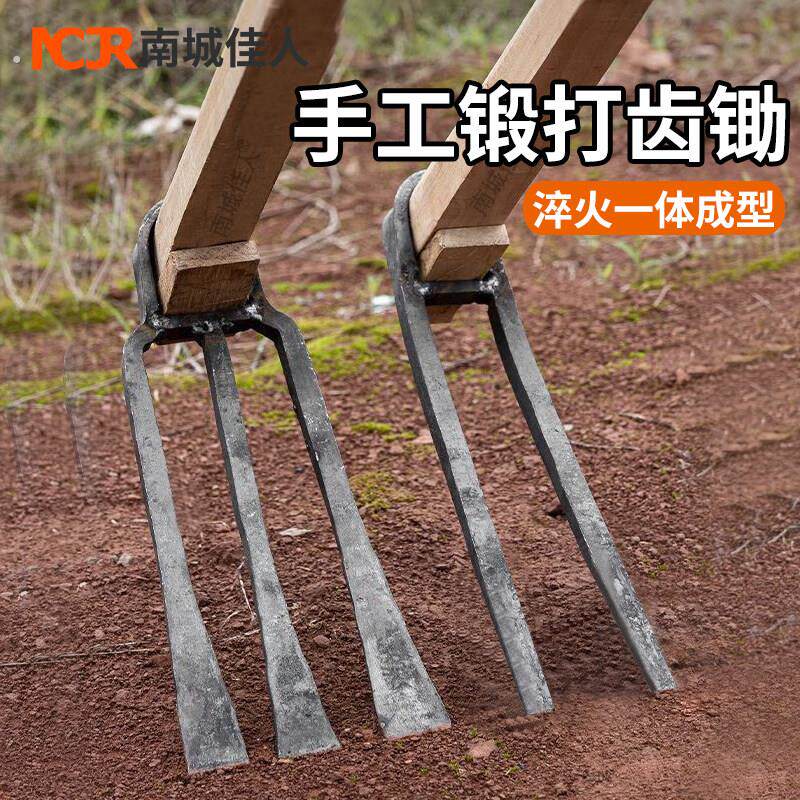 农用全钢长把二齿锄头两用挖土开荒种菜开垦种地农具三齿农用耙子