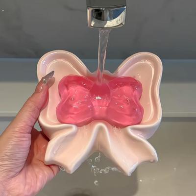 粉色少女心蝴蝶结肥皂盒2025新款家用卫生间不积水陶瓷香皂沥水盒