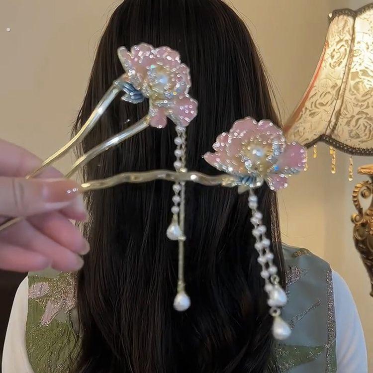 国色天香珐琅彩发簪牡丹花旗袍新中式流苏花朵古风女步摇珍珠头饰