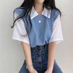 polo翻領(lǐng)假兩件學(xué)院風(fēng)撞色短袖 2023夏季 T恤女寬松休閑百搭上衣ins