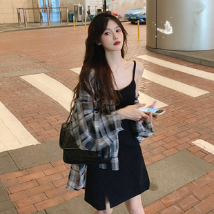 慵懶風(fēng)寬松格子防曬上衣中長款 長袖 新款 襯衫 外套女 韓版 2022夏季