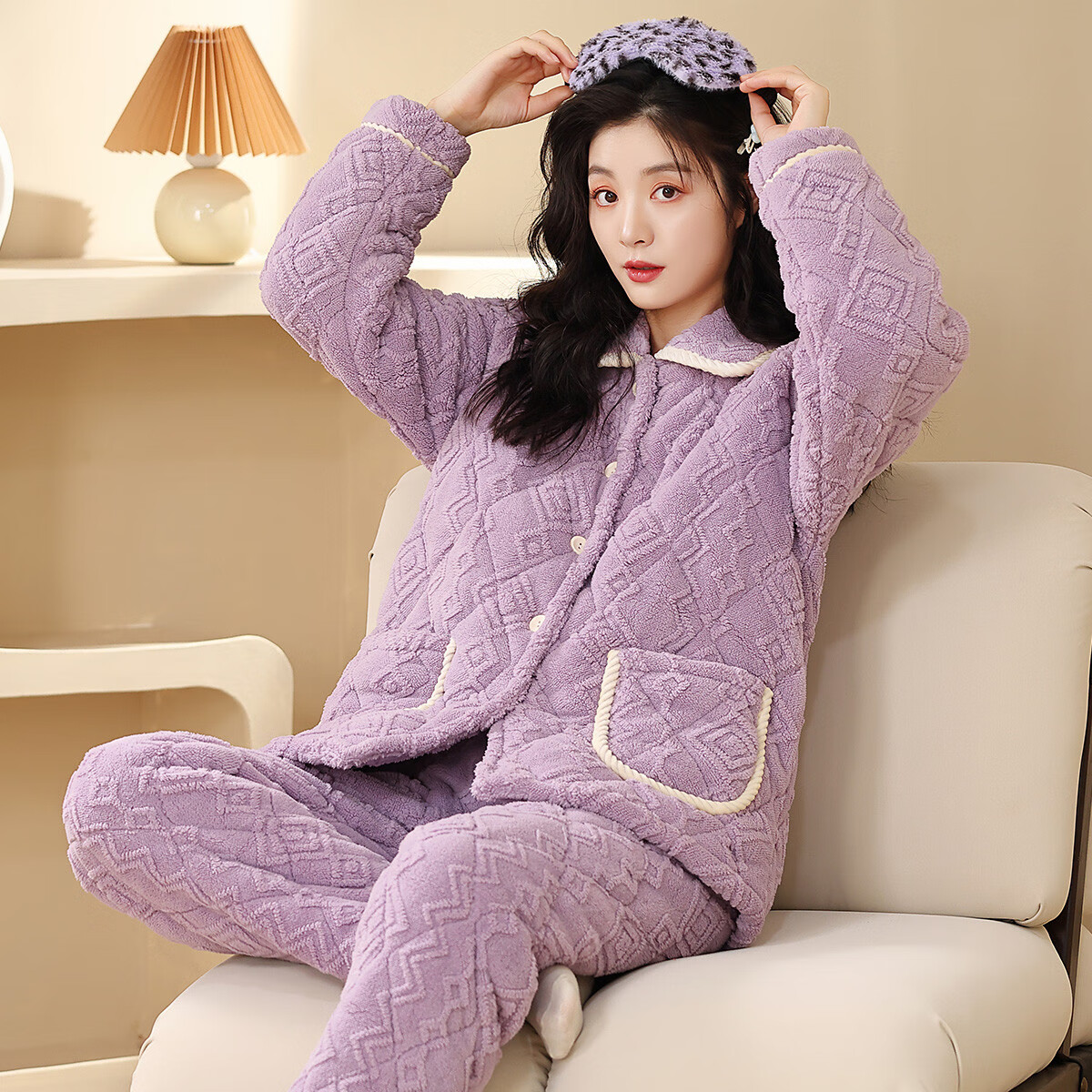 GOSO三层夹棉加厚保暖睡衣秋冬新款长袖开衫可外穿舒适女士家居服