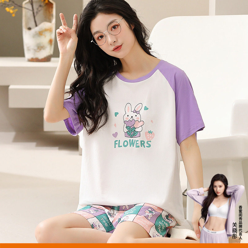 GOSO纯棉睡衣女2025夏季新款卡通套装短袖短裤家居服