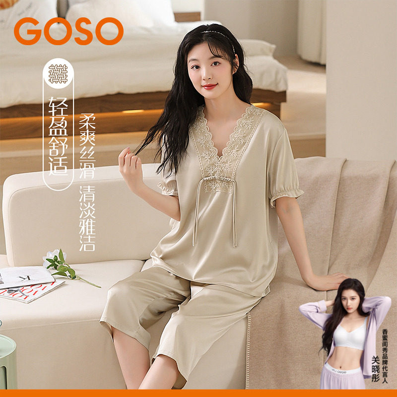 GOSO香蜜闺秀蕾丝睡衣女2025夏季新款宽松可外穿家居服套装凉