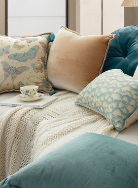 萬見「碧漾蝶影」法式金蓝色高级抱枕新中式提花轻奢靠枕流苏靠垫