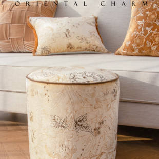 萬見「枫间雀语」法式 凳 金提花坐墩轻奢丝绒中国风矮凳高级换鞋