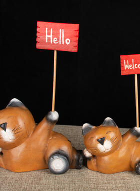 优选泰国实木萌宠小猫咪工艺品乔迁开业礼物桌面可爱动物欢迎你好