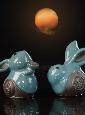 优选兔子摆件创意陶瓷哥窑十二生肖兔年吉祥物可爱小兔子茶道茶宠