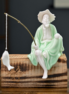 优选陶瓷姜太公钓鱼摆件人物钓鱼翁假山鱼缸流水器盆景造景微景观