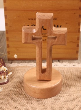 优选十字架实木桌面摆件创意榉木家居客厅玄关摆饰工艺品电视柜小