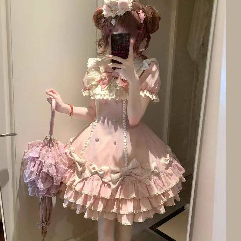 甜美条纹千层Lolita短袖OP蛋糕裙可爱公主春秋夏古早doll感洛丽塔