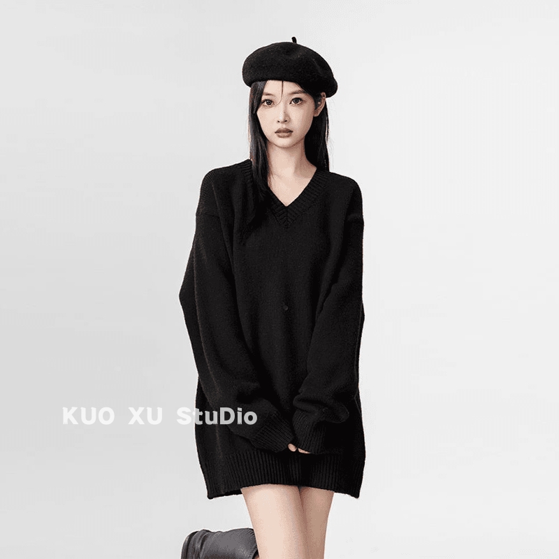 秋冬穿搭韩系中长款黑色v领针织衫毛衣女宽松慵懒风百搭长袖上衣