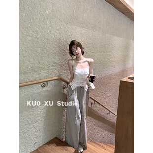 甜辣穿搭套装 韩系蕾丝边吊带背心上衣高腰宽松显瘦阔腿灰色休闲裤