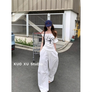 ootd一整套夏日穿搭辣妹斜肩扭结短袖 t恤上衣女高腰显瘦阔腿长裤