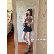 红色格子挂脖吊带背心扭结无袖上衣牛仔半身裙包臀裙A字一步短裙