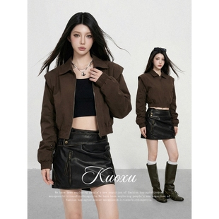 ootd美式高街风穿搭短款美拉德色系翻领拉链工装夹克长袖外套女