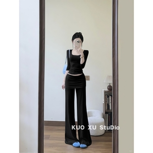 下摆直筒阔腿长裤 巨好看 上衣T恤女裙裤 一整套简约正肩半袖 夏装