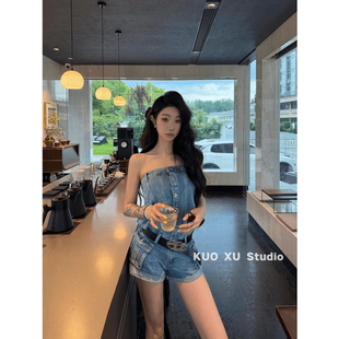 夏季辣妹穿搭套装牛仔连衣裤痞帅炸街美式辣妹抹胸背心短裤阔腿裤