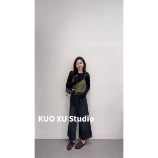 套装 外搭吊带背心宽松高腰牛仔裤 T恤针织衫 早秋韩系圆领百搭长袖