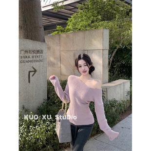 斜领长袖 套装 针织衫 阔腿裤 女 毛衣露肩上衣灰色休闲裤 秋冬穿搭韩版