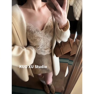 连帽外套内搭蕾丝背心吊带上衣包臀裙半身裙短裙套装 开衫 长袖 法式