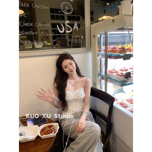 甜辣穿搭套装 韩系蕾丝边吊带背心上衣高腰宽松显瘦阔腿灰色休闲裤