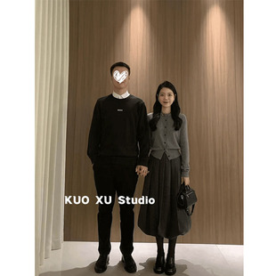 法式 针织外套花苞长裙半身裙 气质小香风通勤穿搭灰色圆领毛衣开衫