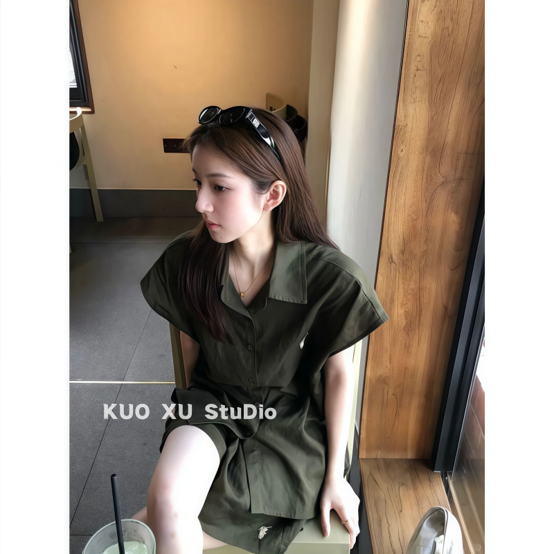 老钱风松弛感穿搭套装宽松短袖衬衫上衣高腰显瘦休闲百搭短裤女
