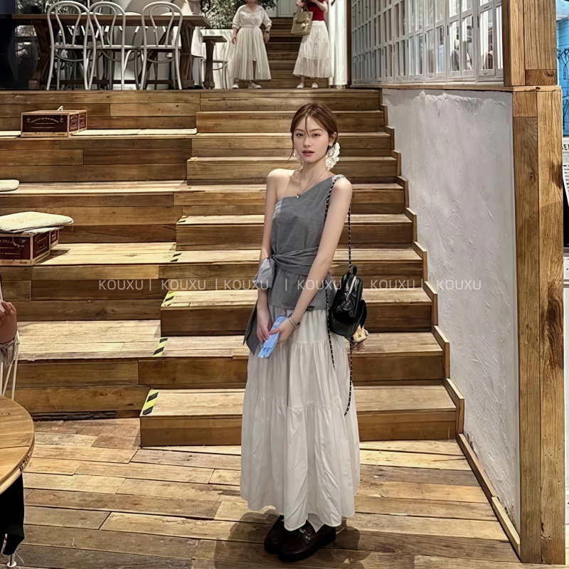 复古不规则斜肩吊带背心绑带显瘦上衣白色半身裙小众拼接大摆长裙