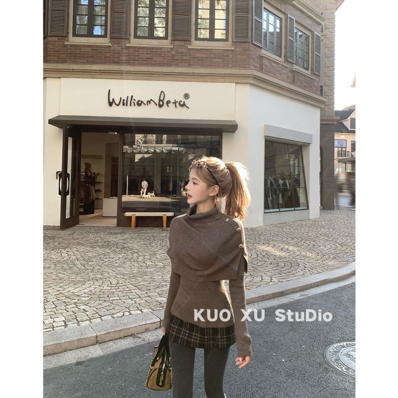 早春韩系穿搭针织衫女高领打底毛衣披肩斗篷高级感气质长袖上衣女