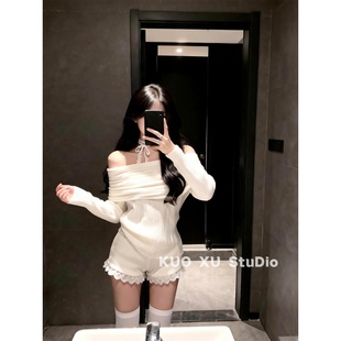 短裤 套头毛衣辣妹蕾丝休闲裤 女 一整套韩系露肩针织衫 独特漂亮冬装