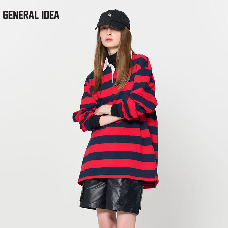 GENERAL IDEA BY BUMSUK宽条纹撞色中长款套头polo卫衣长袖T恤