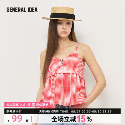 GENERAL IDEA新款英伦早餐格纹吊带背心休闲V领无袖上衣女士