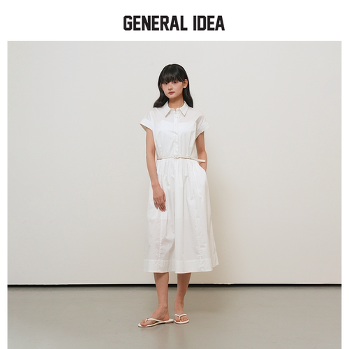 GENERAL IDEA BY BUMSUK女士夏季翻边袖中长款休闲连衣裙收腰长裙