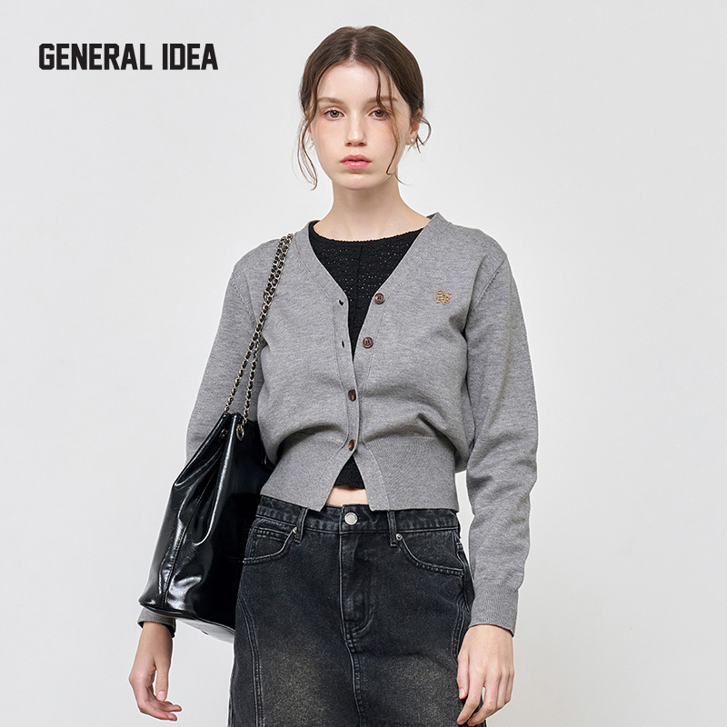 GENERAL IDEA经典V领金扣毛针织开衫简约气质毛衣外套上衣女秋冬