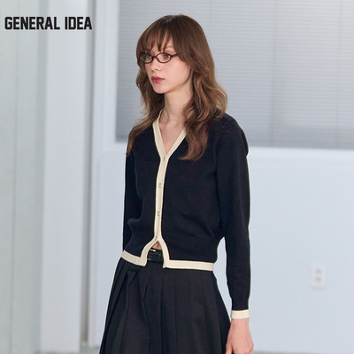 GENERAL IDEA BY BUMSUK女士拼色V领金扣V领假两件修身针织开衫