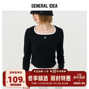 T恤打底衫 GENERAL BUMSUK撞色方领刺绣正肩长袖 上衣女士 IDEA