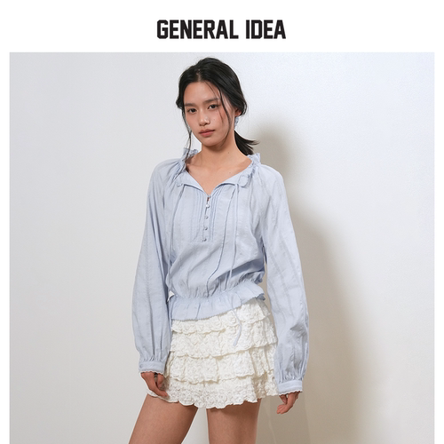 GENERAL IDEA BY BUMSUK韩版荷叶边短款蕾丝衬衫松紧腰上衣小衫女
