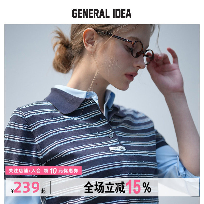 GENERAL IDEA BY BUMSUK圈圈纱翻领条纹短袖t恤女polo针织衫上衣