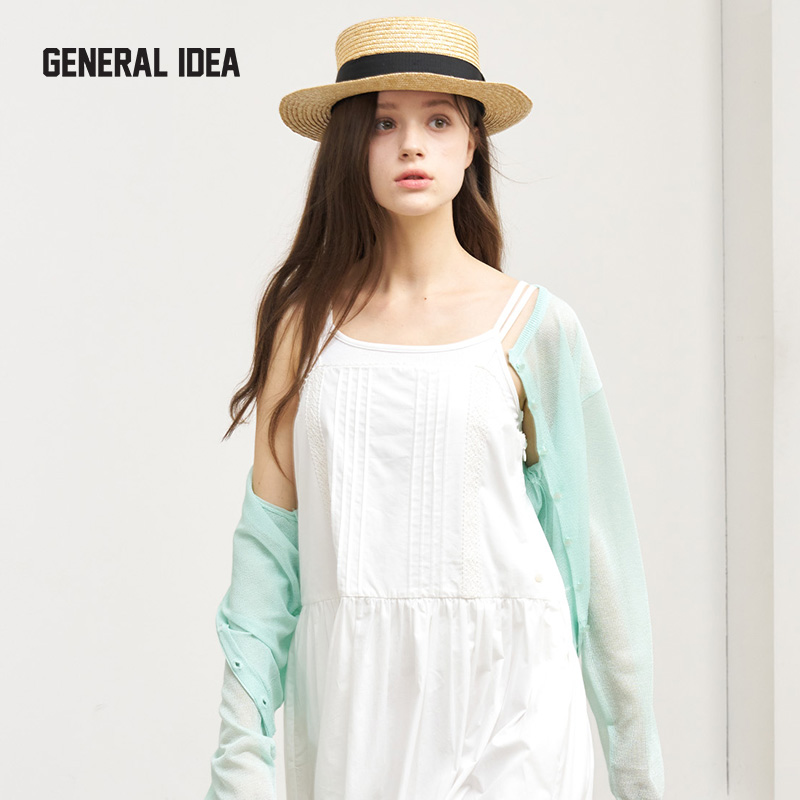 GENERAL IDEA新款海边度假花边褶皱吊带长裙法式文艺方领连衣裙女