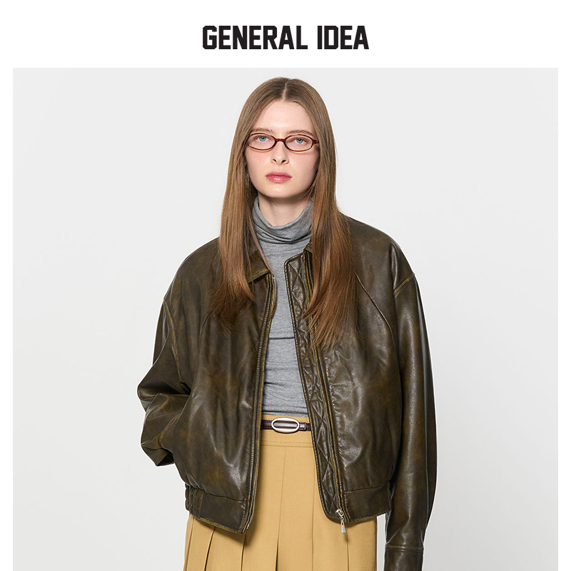 【NCT同款】GENERAL IDEA复古擦色老爹夹棉皮衣宽松夹克外套秋款